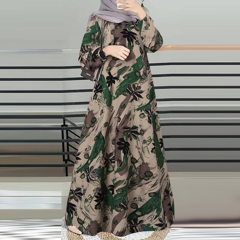 

ZANZEA Женское повседневное длинное платье с круглым вырезом и длинным рукавом с принтом 3XL зелёный