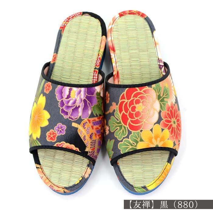 Takeharu Tatami Made in Made of Rush Japanese Yuzen Blue Size M Women's Slippers, Japan, Grass, Pattern, (880),