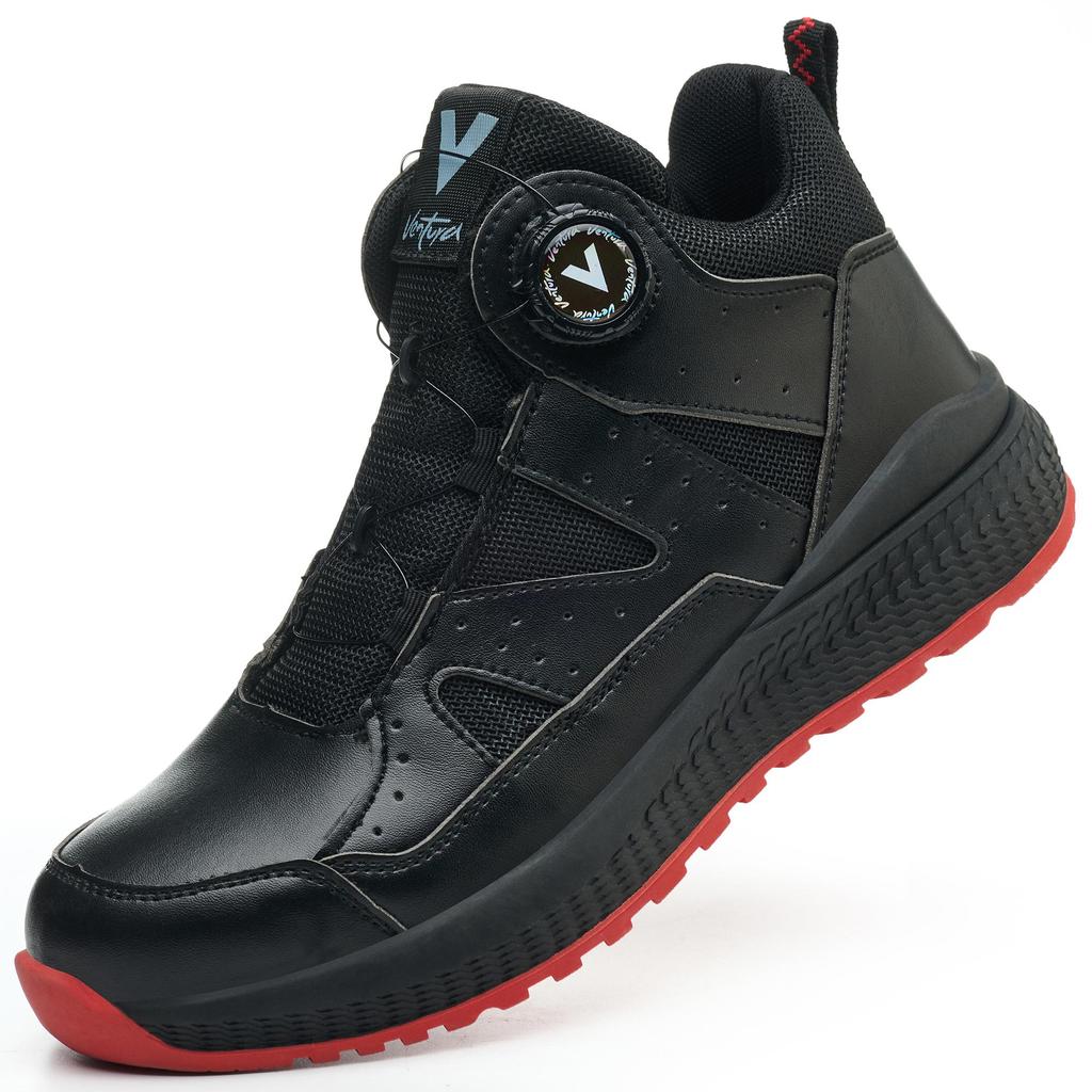 Black Leather Safety Shoes Men Steel Toe Sneakers High Top Work Shoes Rotating Button Work Boots Men's Protective Sneakers