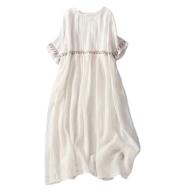 Summer Plus Size Dress Literary Retro Loose Embroidered Cotton and Linen Short-sleeved Mid-length