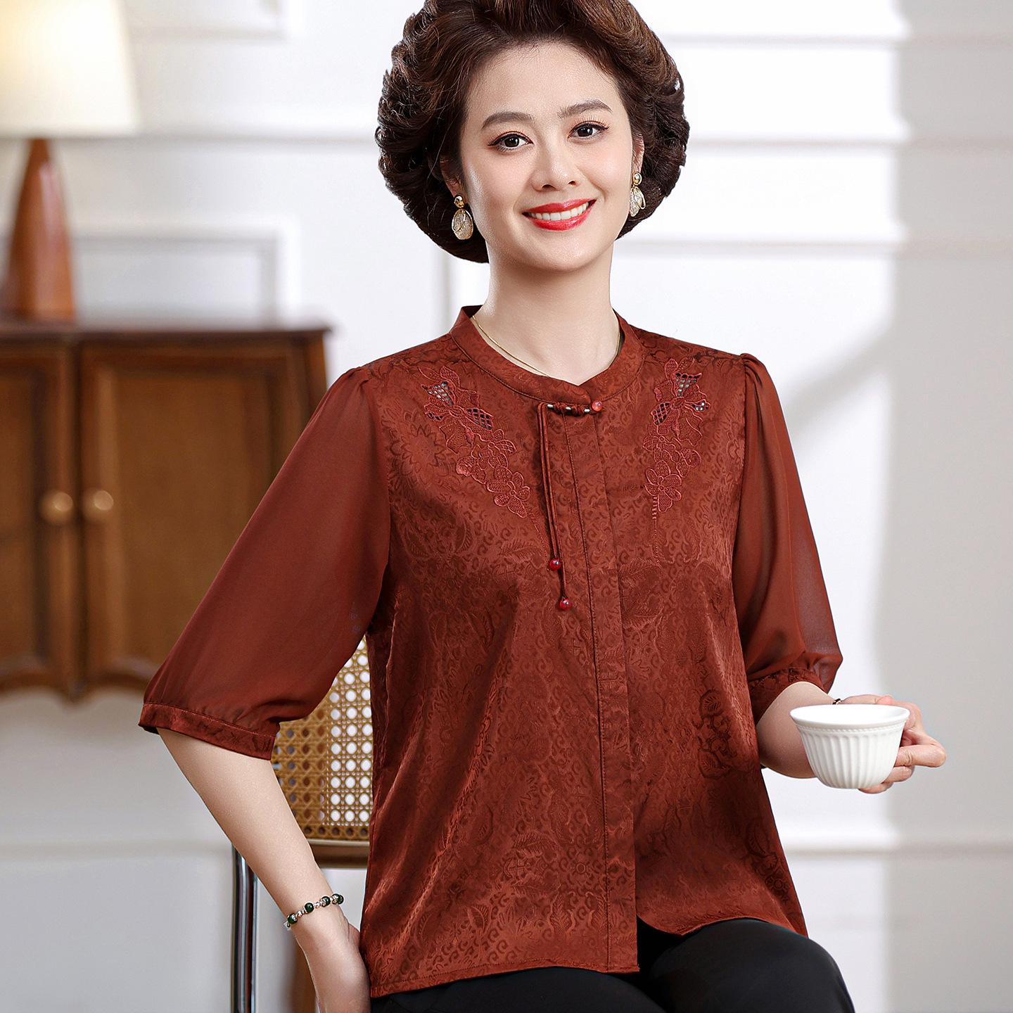 

2026 Summer Silk Shirt for Middle-Aged Women – Stylish, Loose Fit for Age-Reducing L (80-100 jin) красный