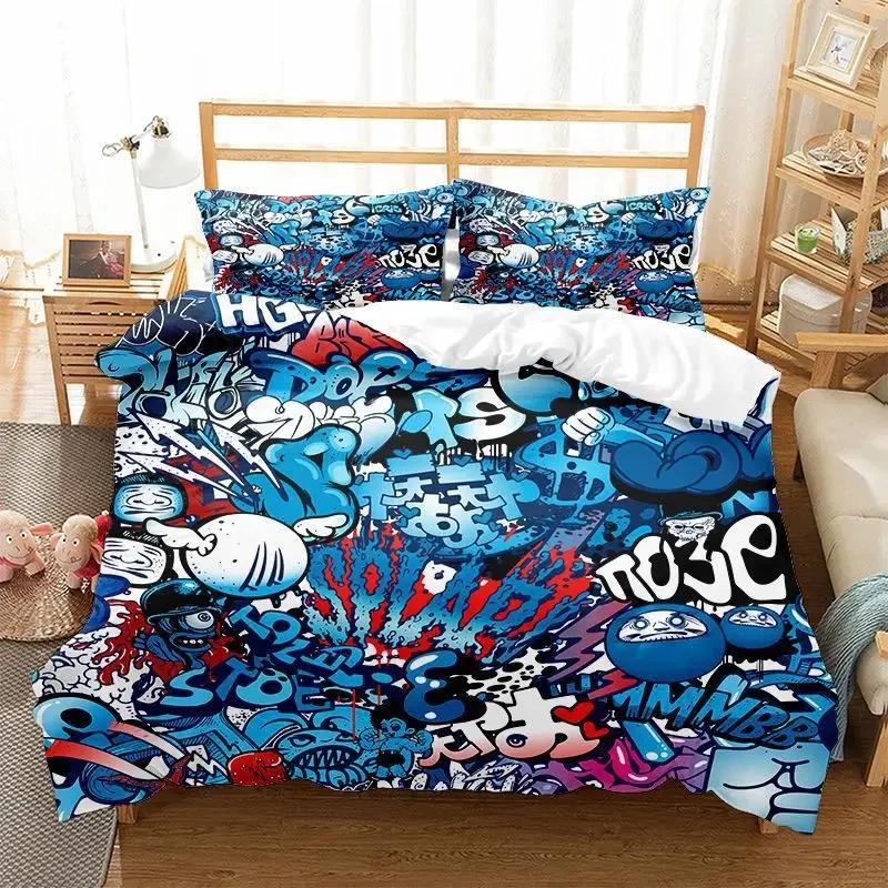 Art Style Print Graffiti Full Comforter Cover Set - 2 Person Bed Linen Set With Duvet Cover And Pillowslips Personality Bedding