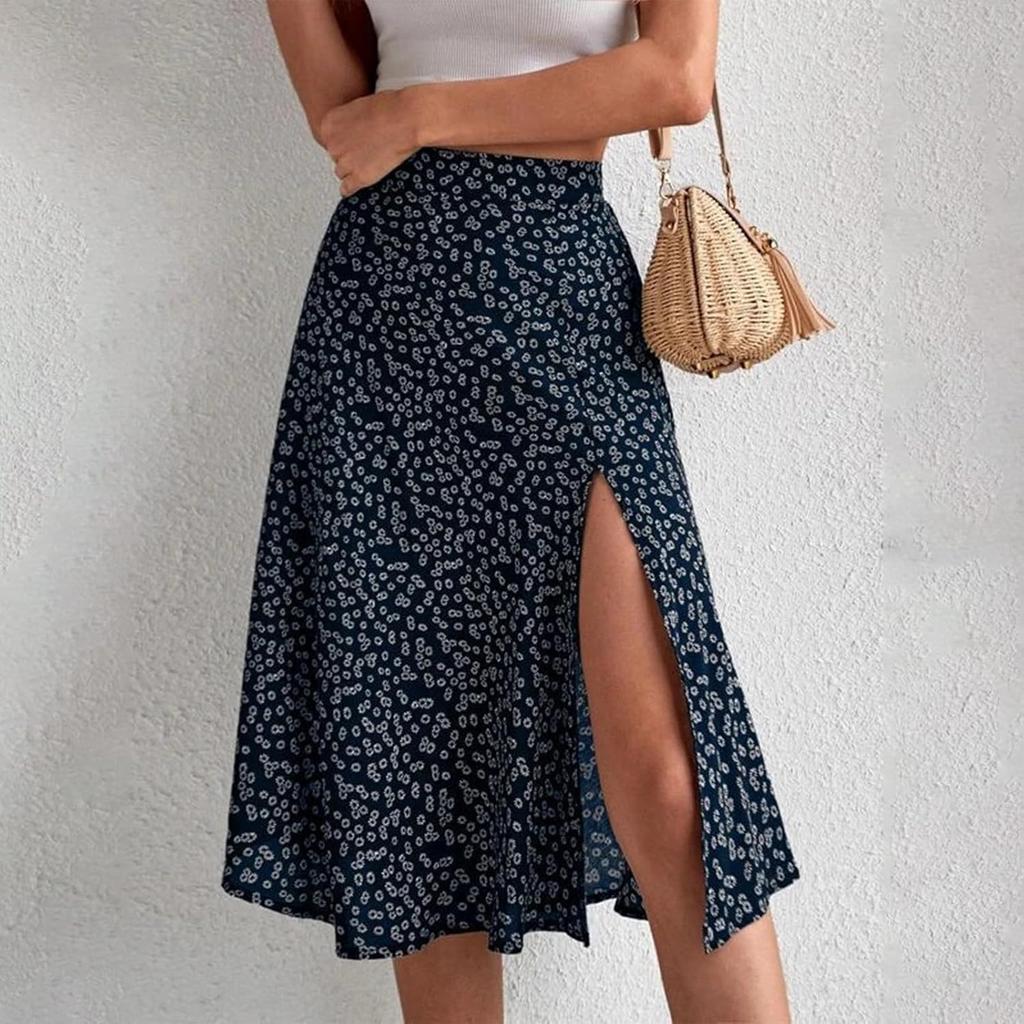 Ditsy Floral Boho Skirt for Women with Slit Summer High Waisted Flowy Midi Skirt Casual A-Line Split Beach Skirt