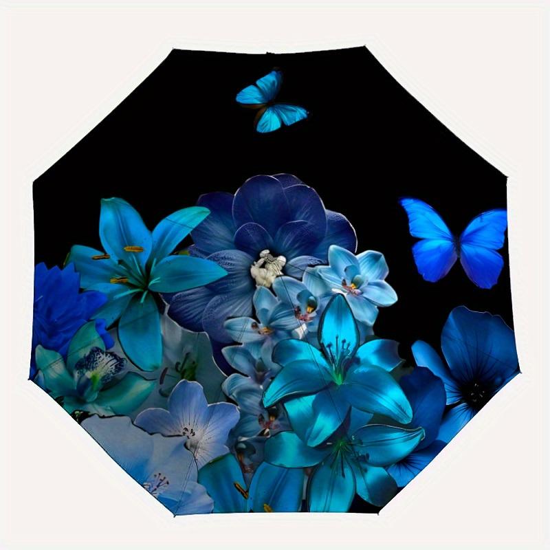 

1pc Blue Floral Butterfly Automatic Open/close Folding Umbrella, Compact Portable Travel Umbrella,Durable Construction yy250814158