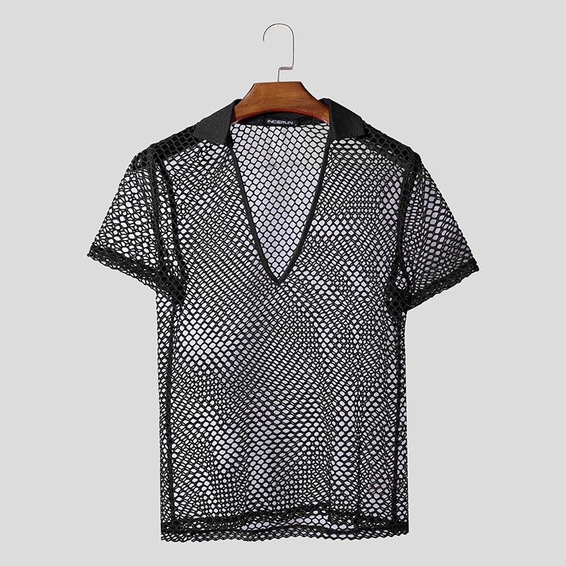 

INCERUN Summer Men V Neck Short Sleeve Mesh Sheer Hollow Beach T-shirts M чёрный
