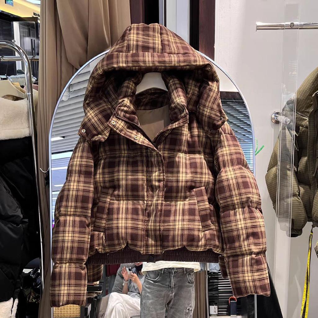 Winter new women's high-end plaid hooded short down jacket women's small thickened bread jacket