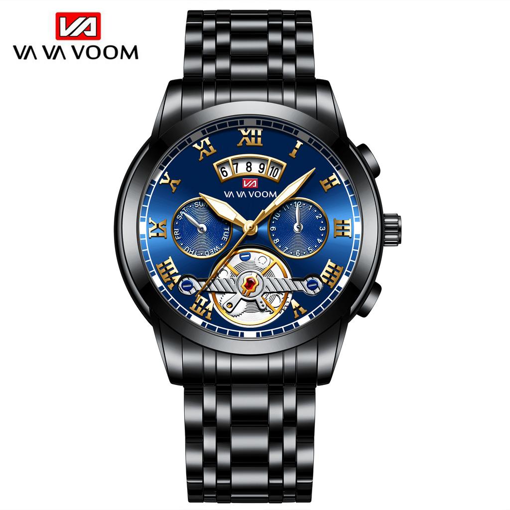 Men's Stainless Steel Tourbillon Watch Men's Student Quartz Watch Business Calendar Waterproof Steel Strap Watch Large Dial