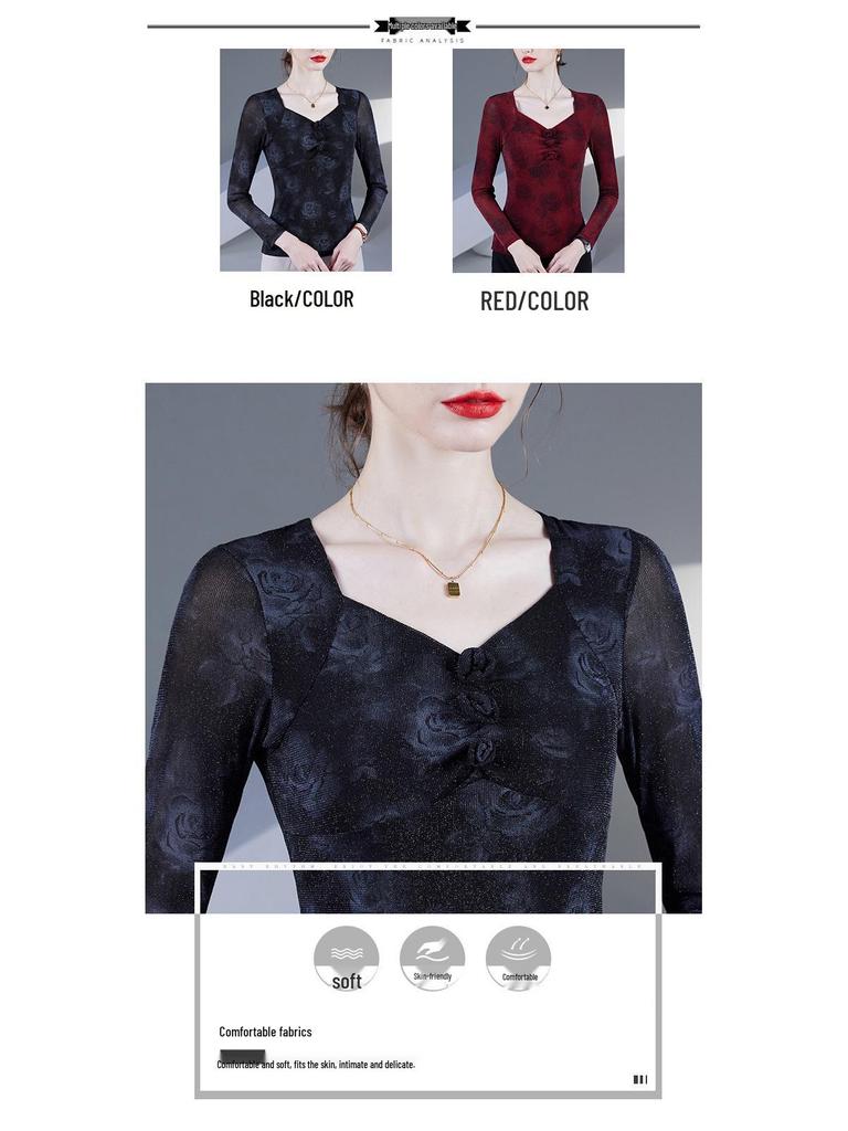 2025 Spring/Autumn Rose Print Square Neck Mesh Blouse - Long Sleeve Women's Fashion Top