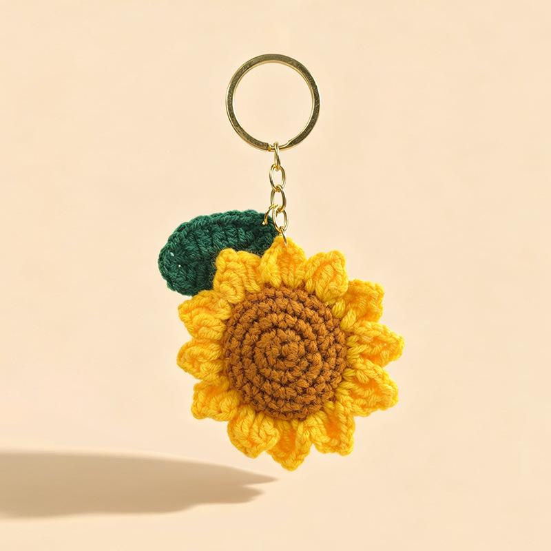 Handmade Crochet Sunflower Keychain With Green Leaf Charm For Backpack Decor Daily Use Gift For Sunflower Fans