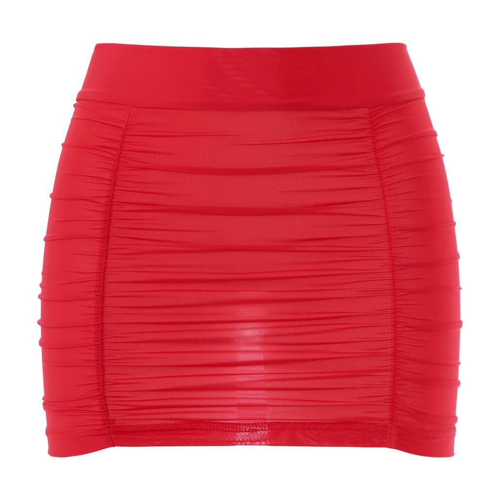 Womens Bodycon Mini Skirt Ruched Elastic Bands Semi Sheer Hip Wrap Lingerie Skirt