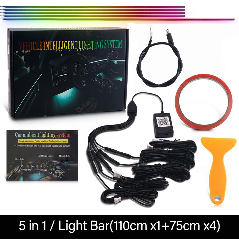 18 v 1 64barevné RGB Symphony Car Ambient Light Interiérové ​​akrylové vodítko LED páskové světlo Dekorace Atmosférická lampa pomocí ovládání aplikací