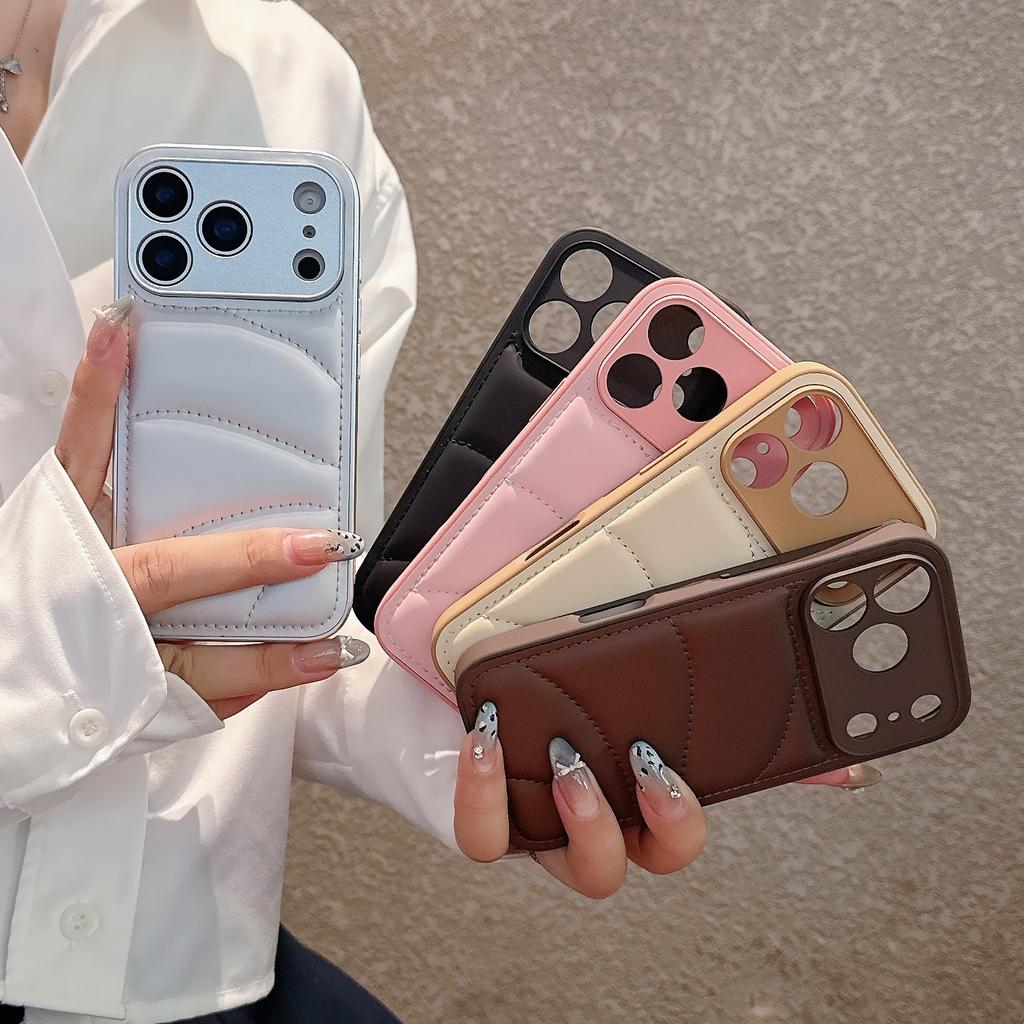 For iPhone 17 Pro Max Case Down Coat Design PU Leather Coated TPU Phone Back Cover