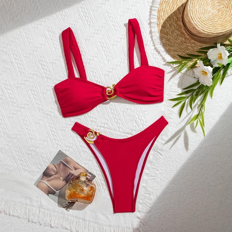 Black metal accessories bikini low waist sexy split tube top briefs women's two-piece swimsuit