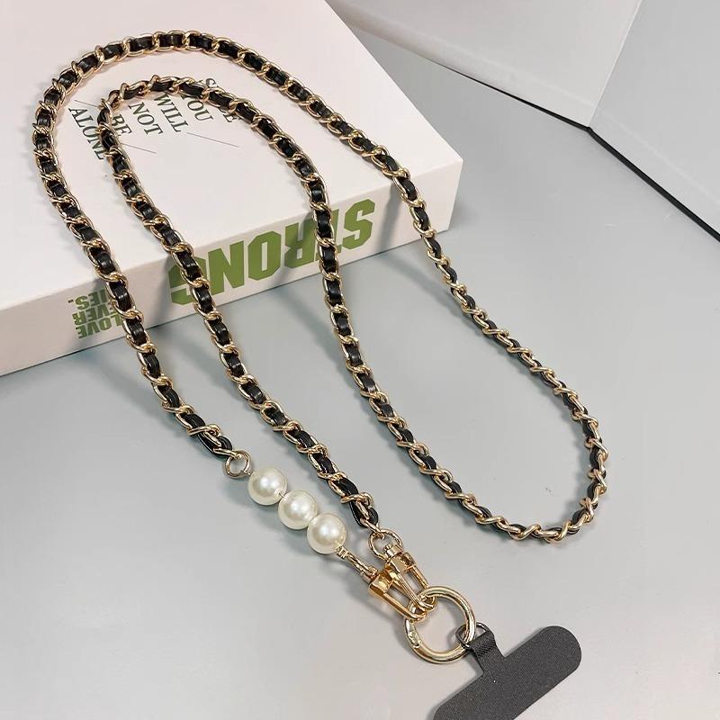 For Mobile Phone Straps Pearl Leather Chain Long Crossbody Neck Band Shoulder Cord Anti Loss Rope Hang Metal Leather Pendant