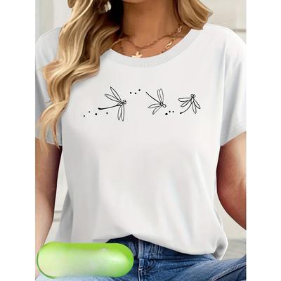 Europäische Größen Damen's   Lässiges kurzärmeliges T-Shirt mit Schmetterlings- & Libellen-Tierprint, Rundhals