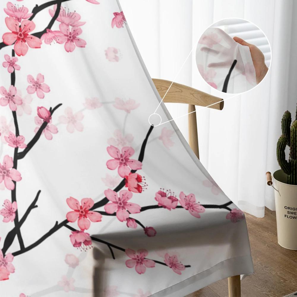 Spring Season Cherry Blossom Drapes for Living Room Bedroom Decoration Contemporary Chiffon Sheer Kitchen Window Curtain