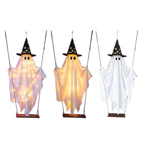 Lighted Spooky Ghost Decor Halloween Swing Hanging Decoration, Witch Hat Ornament with LED Battery Powered String Light, Remote Control Light-up