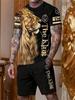 3D Printed Lion Round Neck Short Sleeve Suit - Trendy Brand