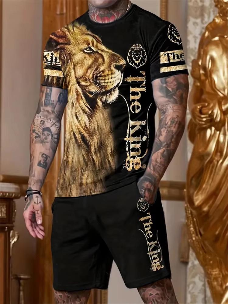 3D Printed Lion Round Neck Short Sleeve Suit - Trendy Brand