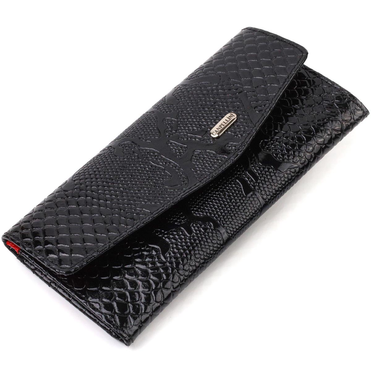 

Фактурне жіноче лаковане портмоне з натуральної шкіри з тисненням під змію CANPELLINI 21700 Чорний