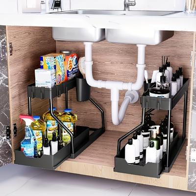 1pc Under Sink Drawer Organiser, Drawer Bathroom Sliding Shelf, Drawer Double Countertop Spice Organiser, Under Sink Organiser with Hooks