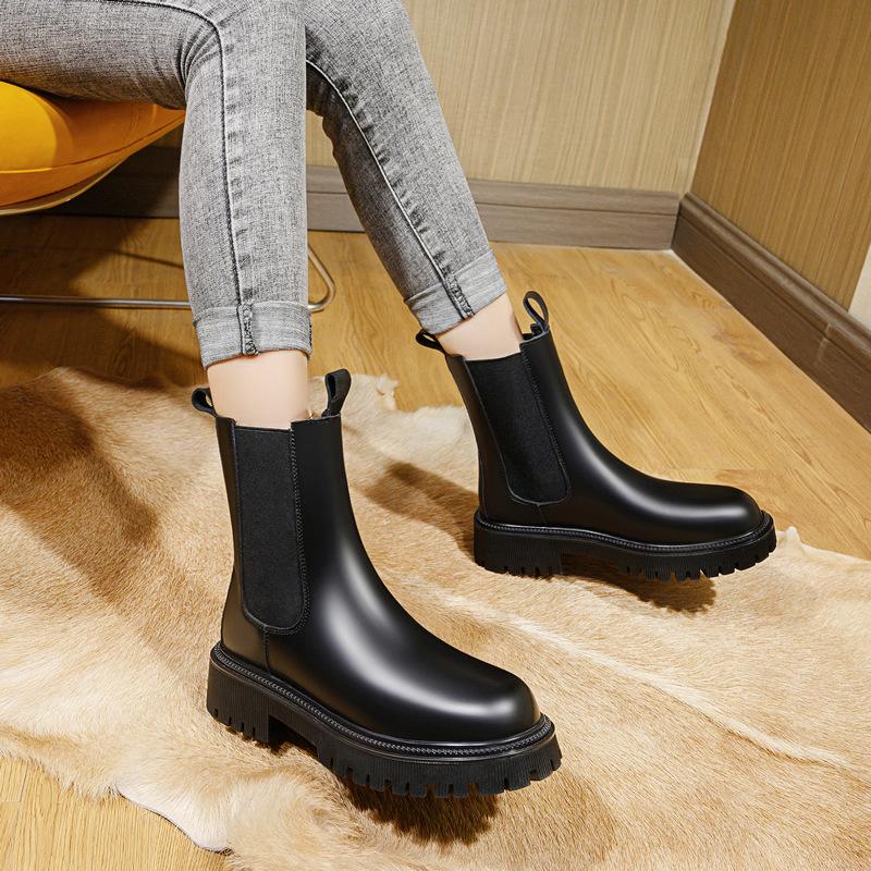 Inner Height Increasing Martin Boots Women's British Style Medium Tube Thick-soled Retro Smoke Boots Chelsea Boots Autumn and Winter Versatile Short