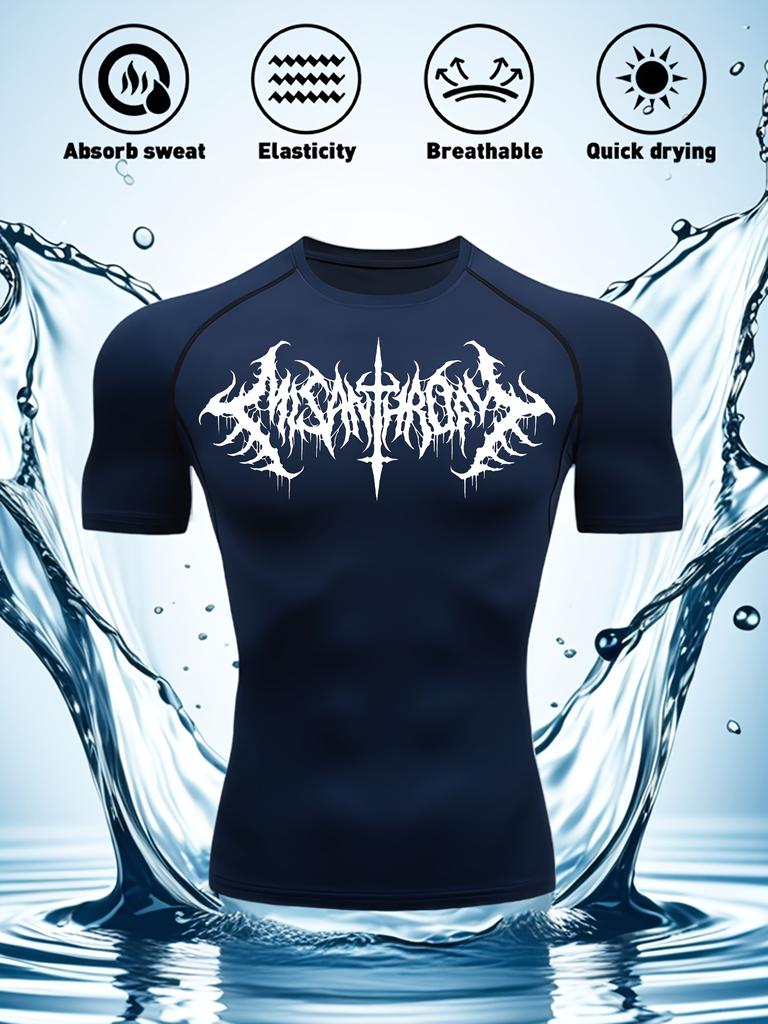 Mens Black Compression Short Sleeve T-Shirt White Death Metal Tribal Graphic Absorb Sweat Quick Dry High Elasticity Gym And MMA Athletic Top