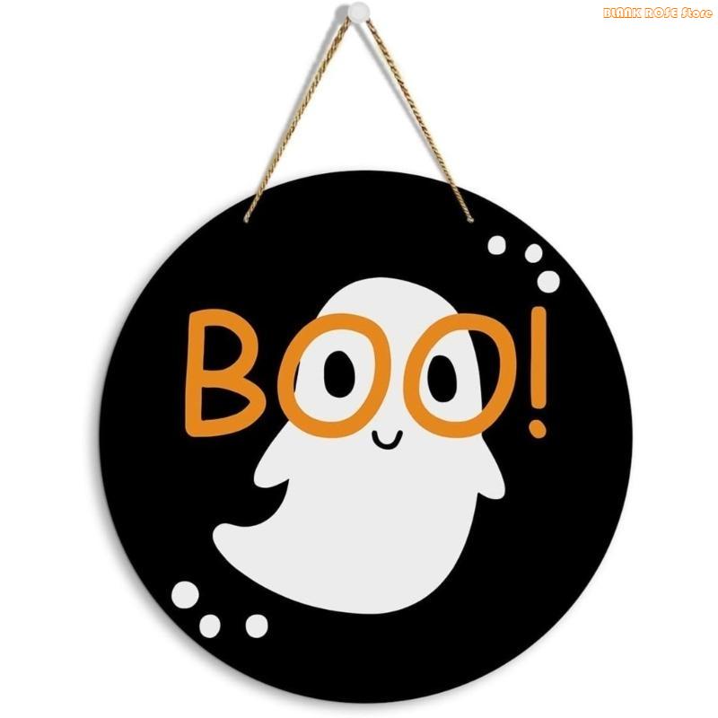 K1AE Halloween Ghostly Door Hanging Sign Decoration Boo Sign Round Sign Farmhouses Front Door Hangers Wreath Home Decors