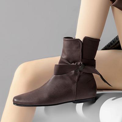 Mode Hohe Qualität Flacher Boden Niedriger Absatz Leder Stiefeletten Damen 2025 Mode Schleifenriemen Design Weiches Leder Ritterstiefel Botas Mujer