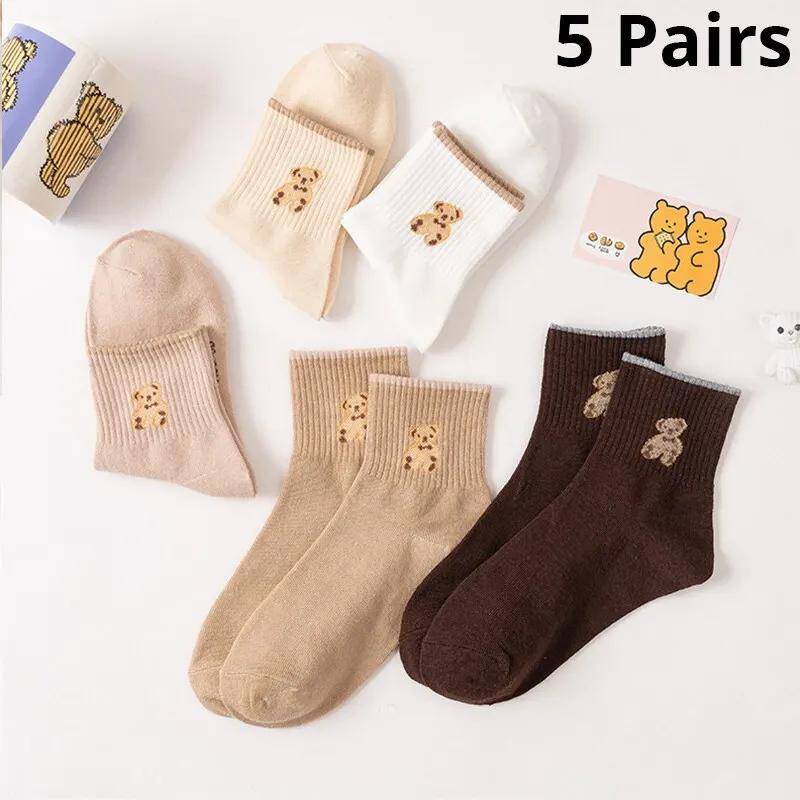 5 Pairs New Cute Bear Socks Women High Cotton Keep Warm Brown Sock Fuffy Funny Lovely Kawaii Cartoon Thermal Socks