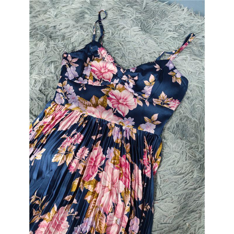 Foreign Trade Order Lu's Cross-Border Texture Sling Pleated Pleat Chest Emphasizing Exquisite Print Big Hemline Ins Vacation Dress
