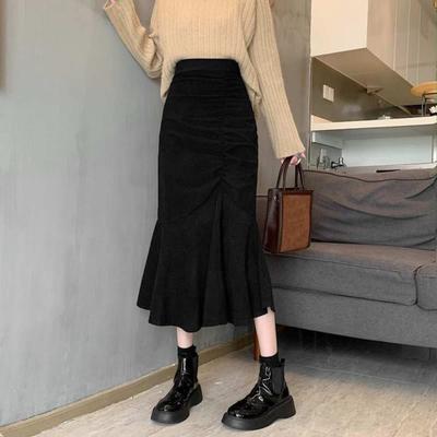 Yousheng Women Fishtail Skirt High Waist Slim Fit Hip Wrapped Midi Skirt with Large Hem Solid Color Office Lady Skirt