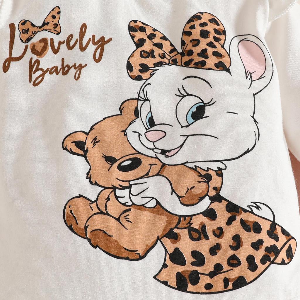 Autumn Cartoon Letter Bodysuit & Bowknot Leopard Pants Set - Long Sleeve for Girls