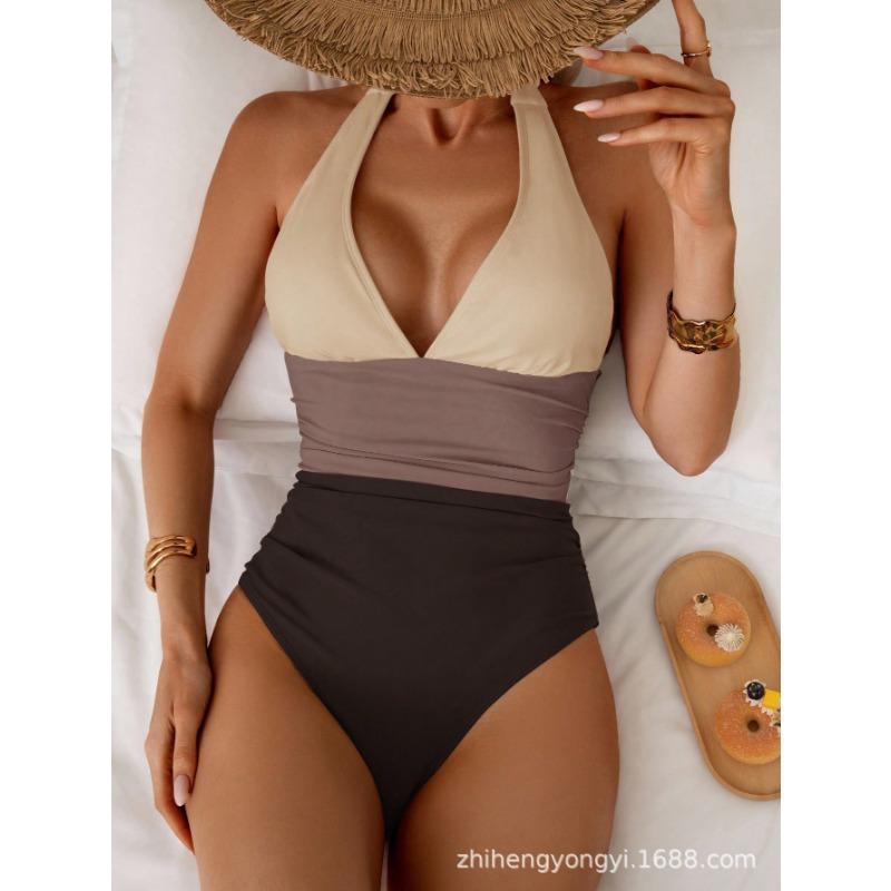 One-piece Swimsuit New Sexy Solid Color Stitching Halterneck Women's Swimsuit