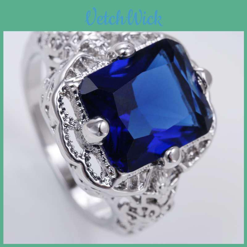 Elegant Blue Vintage Ring With Sapphire Stone And Silver Plating For Women
