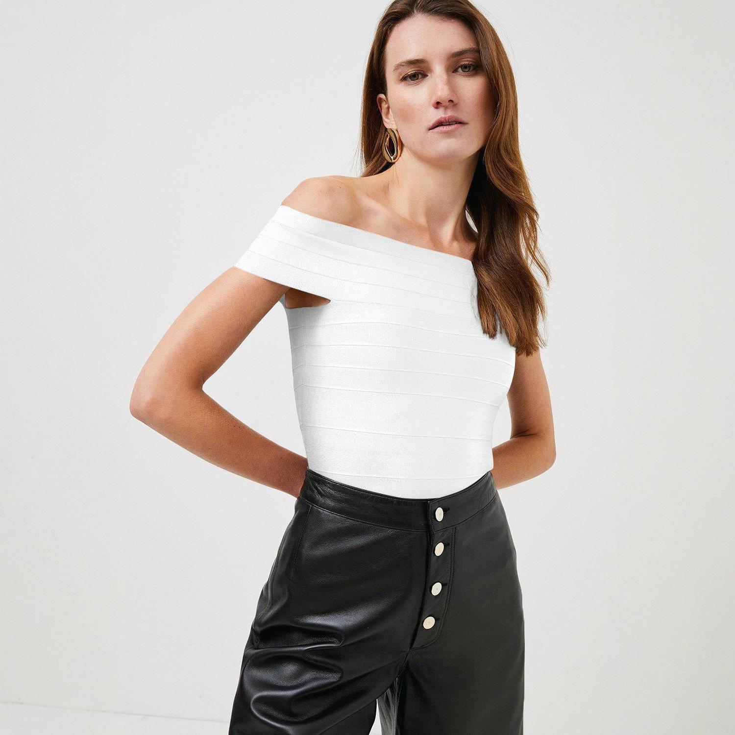 Elegant Off-the-Shoulder Stripe Bandage Top – Versatile, Stretchy & Sexy Small белый