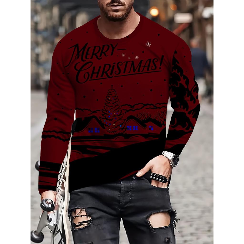 Men's Santa Claus Elk Snowflake Pattern Printed Long Sleeve T-shirt Soft Trendy Versatile Top Merry Christmas