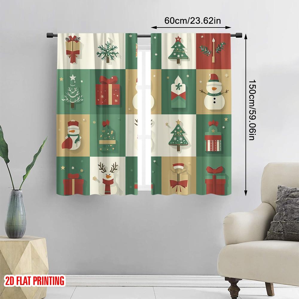Set Of 2 Plane Printing Curtains Digital Printed Christmas Tree Snowman Reindeer Gift Versatile Fabric Without Rod All Made Polyester