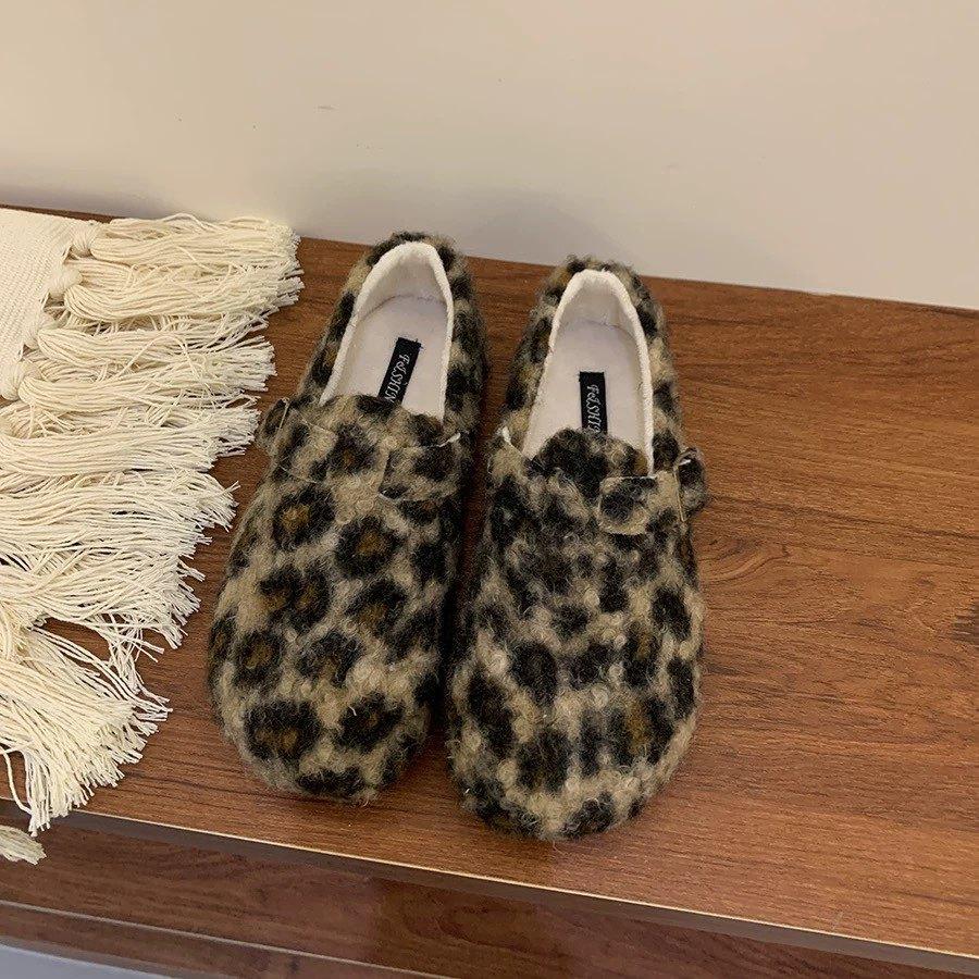Leopard Print Mary Jane Fluffy Shoes Women's Winter 2025 New Ugly Cute Bread Cotton Shoes Velcro Flat Plush Single Shoes
