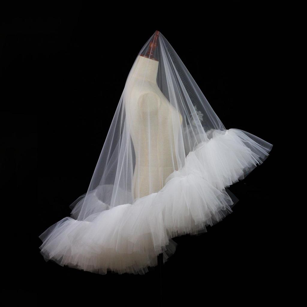 Xinmeiji Handmade White Double-Layer Bridal Veil with Ruffled Edge