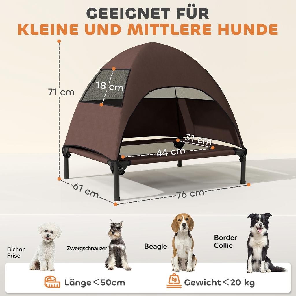 Outdoor Dog Bed with Roof, Elevated Dog Bed for Medium-Sized Dogs, 76 X 61 X 71cm, Coffee