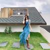 Holiday style retro floral suspender dress women's summer design sense irregular long dress waist thin A-shaped skirt