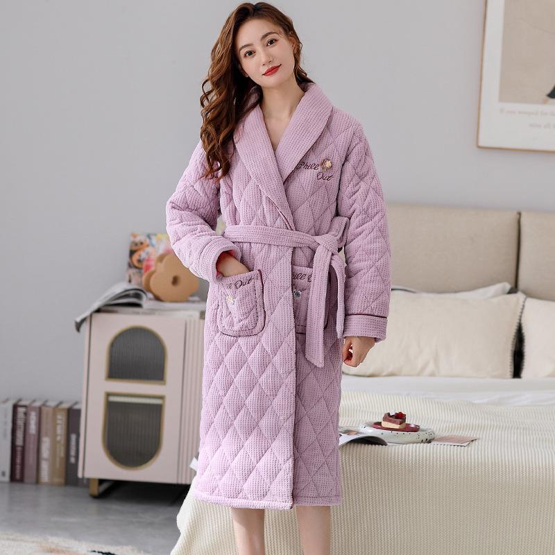 Padded Nightgown Women'S Autumn, Winter And Winter Coral Fleece Three-Layer Thickened Fleece Warm Long Bathrobe Pajamas Loungewear