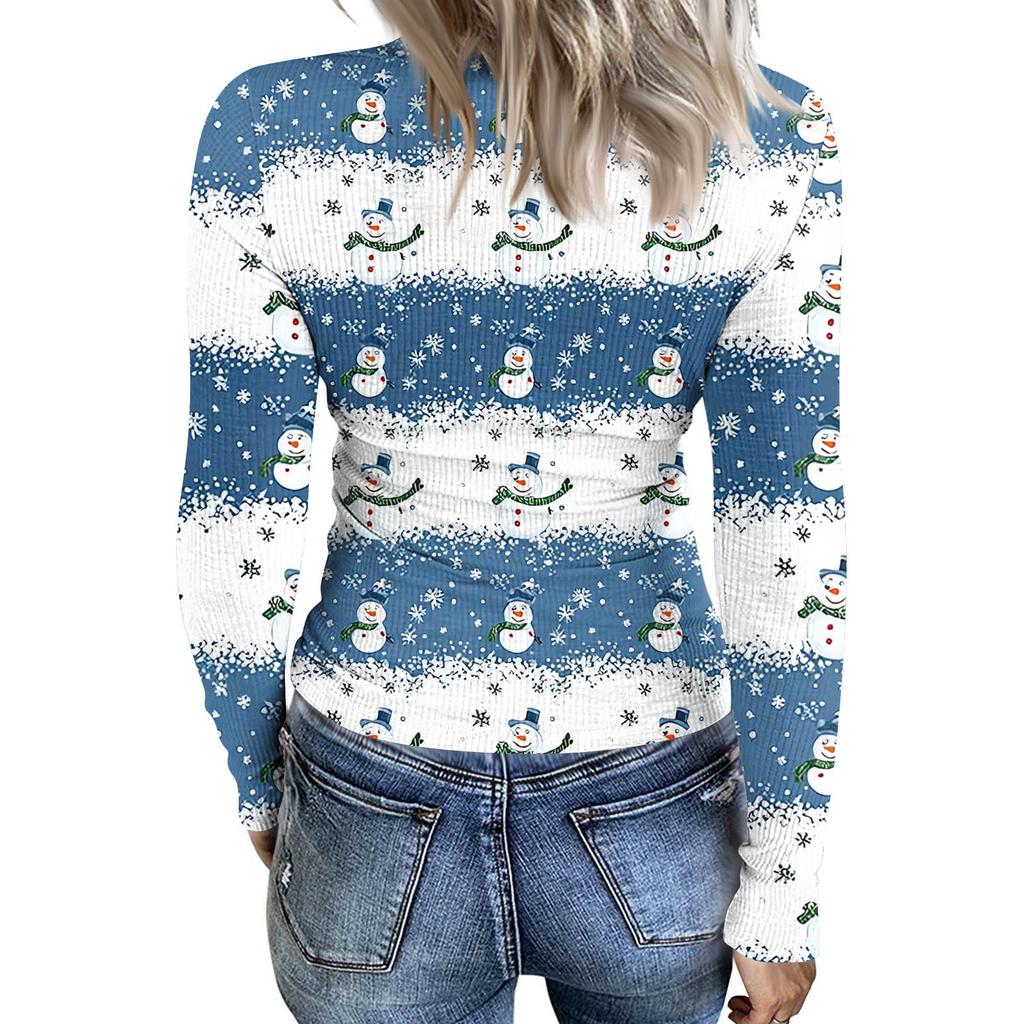 Women's Winter Slim-Fit Base Layer T-Shirt Fashionable Christmas Print V-Neck Pullover Long-Sleeved Top