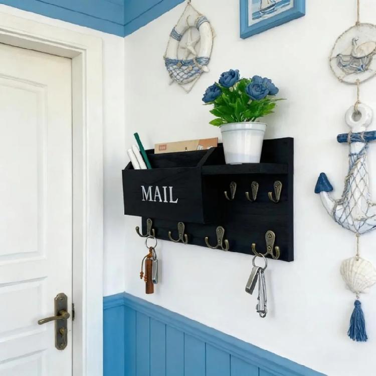 Handcrafted Wooden Wall Hanging Mail Key Shelf With Storage Pockets And Hooks Wall Mounted Letter Holder