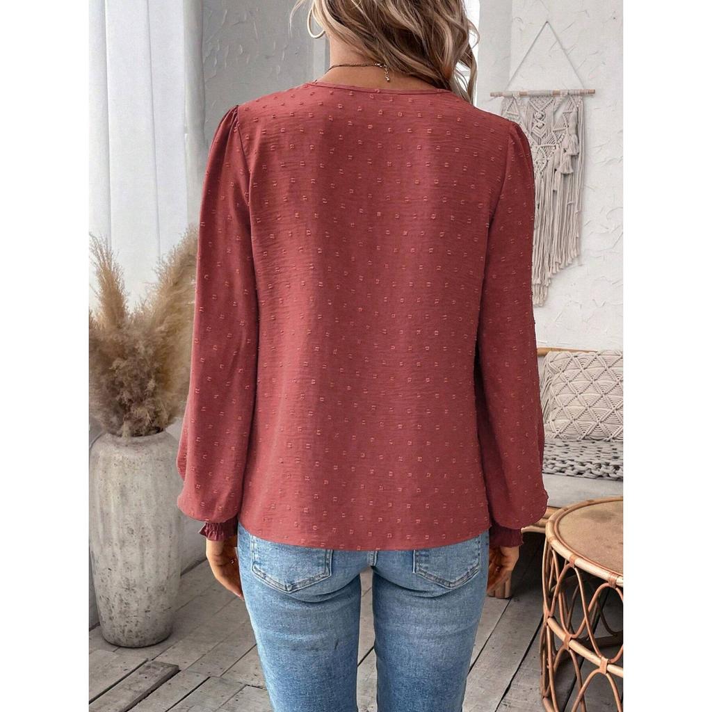 IHUASU Autumn Winter Fashion V-neck Lace Solid Color Long Sleeve Casual T Women's Top