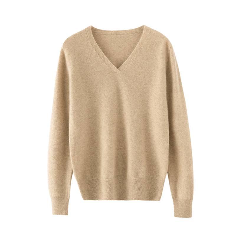Women's Long Sleeve V-Neck Cashmere Knit Base Layer Top: Versatile, Loose, and Slimming Sweater Innerwear.