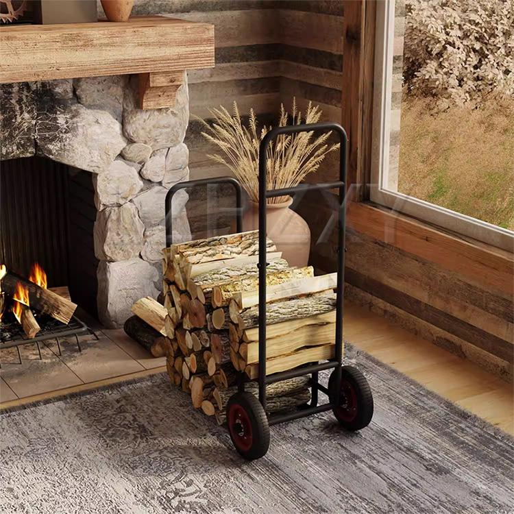 Wood-Burning Vertical Hand Cart Indoor/Outdoor Firewood Rack Storage and Transport Cart Heavy-Duty Steel with Wheels