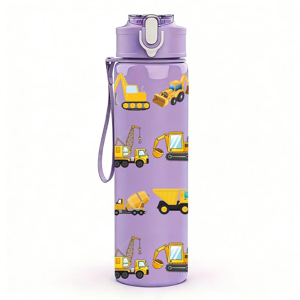 1PC Multiple Yellow Truck Vehicle Print 750ml Color Plastic Sports Water Bottle Leakproof Flip Straw Lid Suitable for Sports Office Home Use