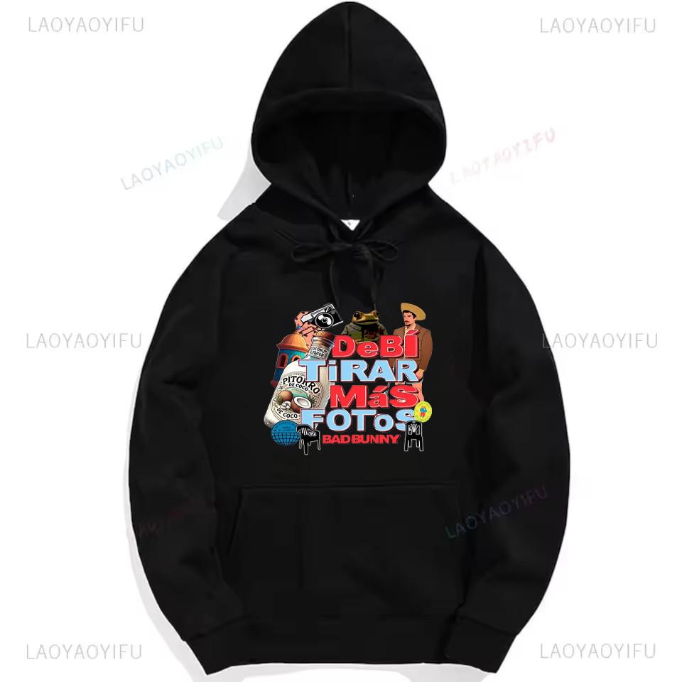 Bad Bunny Debi Tirar Mas Fotos Frog Graphic Sweatshirt Fashion Hip-hop Hoodie Woman Man Black Puerto Rico Drop Shoulder Pullover